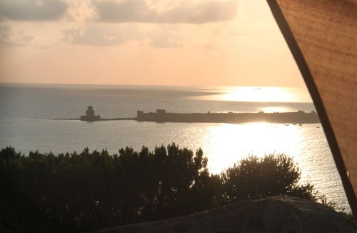 Pylos-Nestoras Villa | house-apartments ground floor panoramic view on sea fortress above ground pool