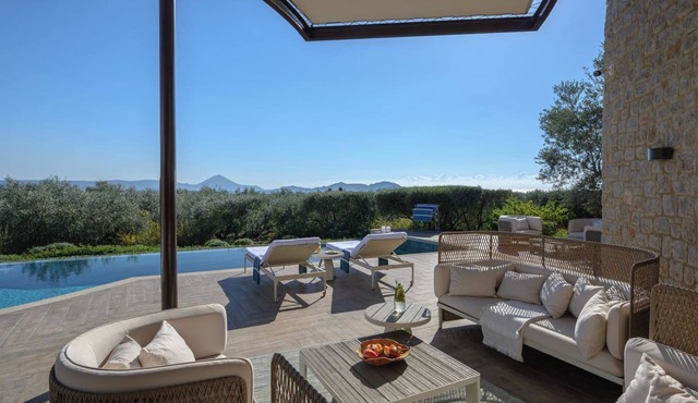 holiday vacation large villa greece, peloponnese, near beach, golf, pool, air conditioning, internet wi-fi, garden, view